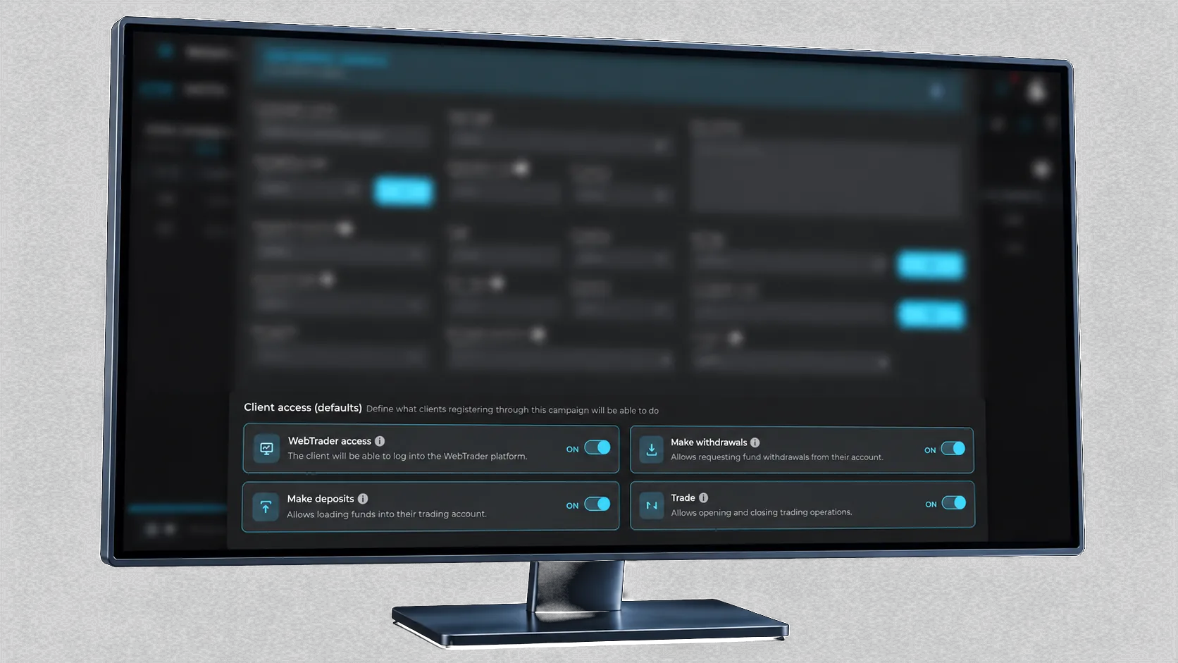 Client access defaults on a campaign in Pentview: WebTrader access, withdrawals, deposits and trading, each switched on