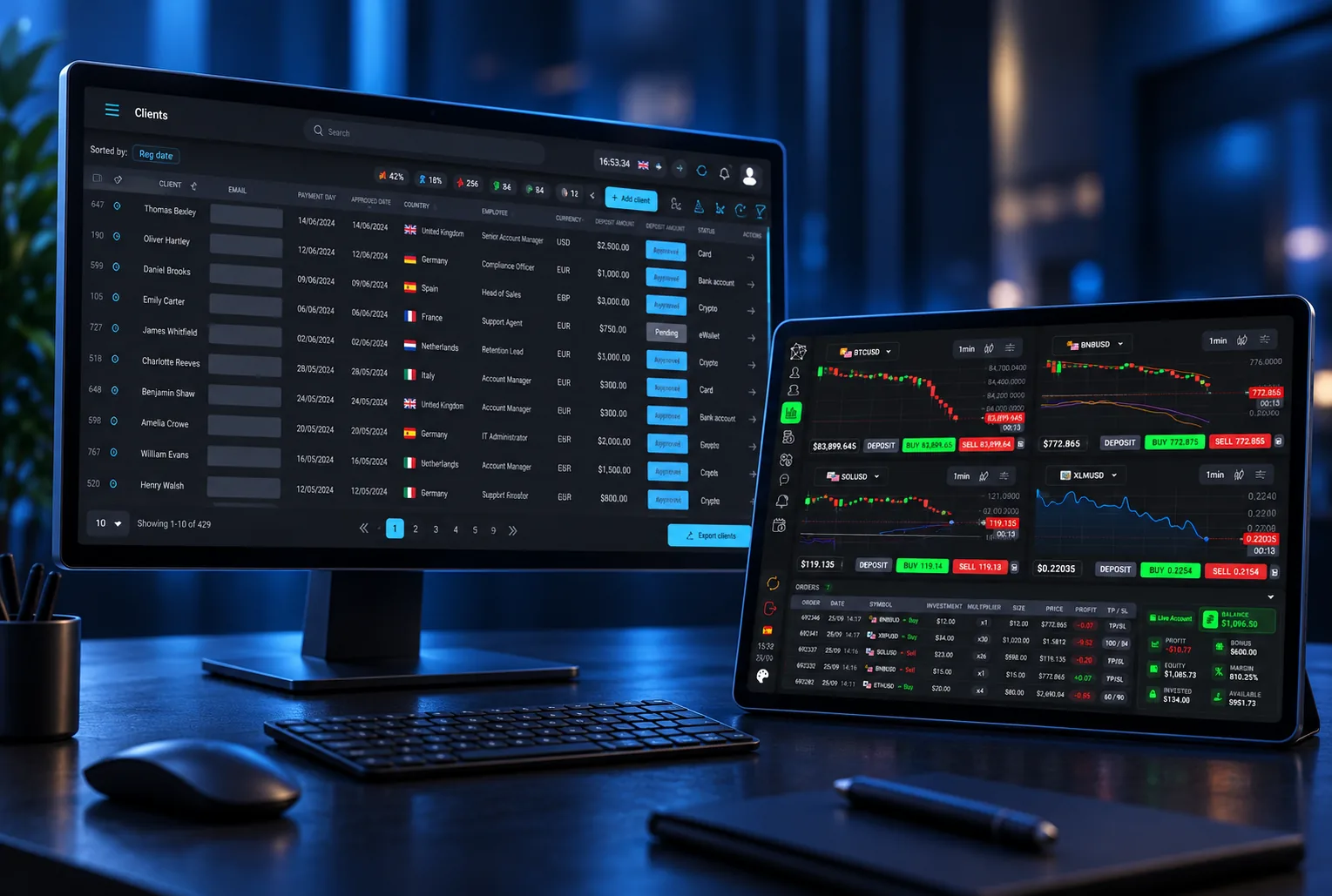 The Pentview CRM client list on a monitor beside the WebTrader on a tablet