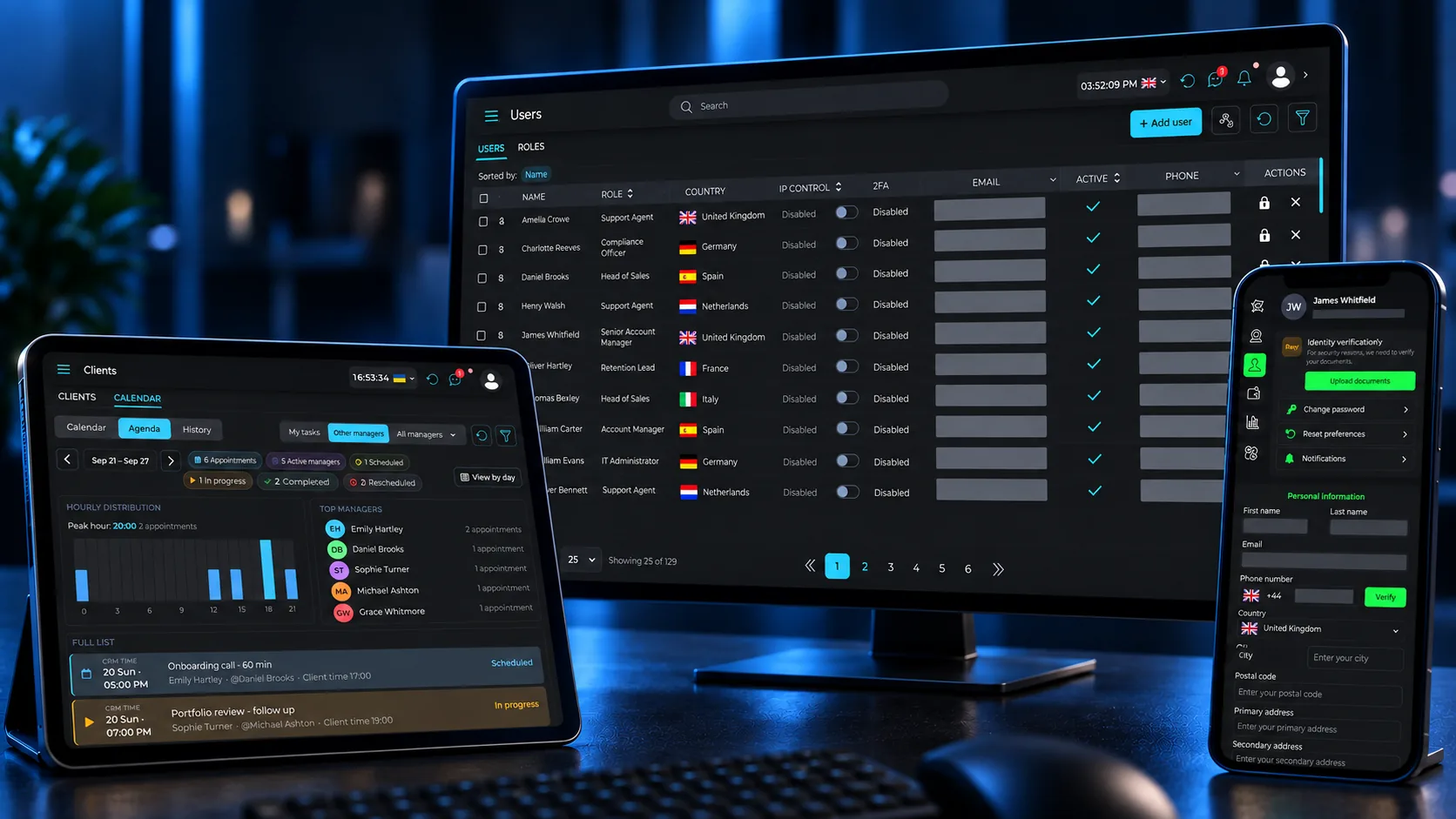 Pentview on three devices: the users list on a monitor, the client calendar on a tablet and the client profile on a phone